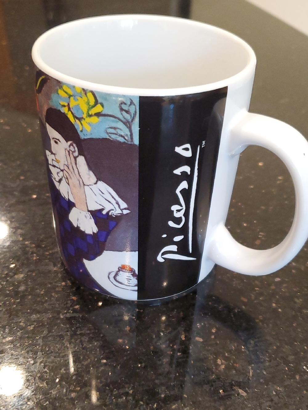 Picasso White Ceramic Art Mug with Colorful Illustration, ARLEQUIN 1901. 1996